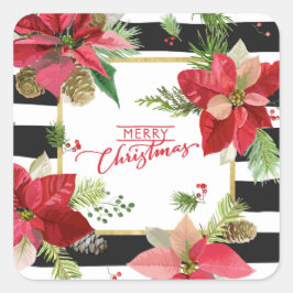 Vrolijke Kerstmis Poinsettias, Zwarte Streep Stick Vierkante Sticker