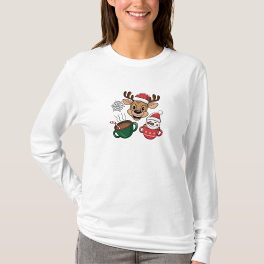 Vrolijke Kerstmis Rendier & Sneeuwman Hot Cocoa De T-shirt (Voorkant)