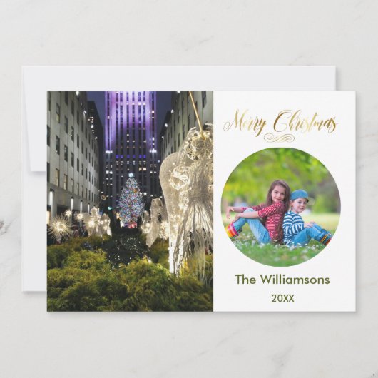 Vrolijke Kerstmis Rockefeller Boom en Familie Foto Kaart (Voorkant)
