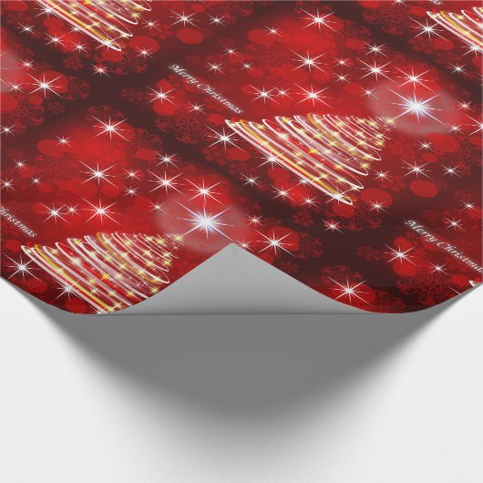Vrolijke Kerstmis Rode en Gouden Kerstboom Cadeaupapier (Hoek)