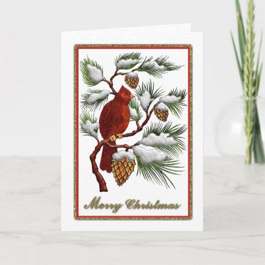 Vrolijke Kerstmis - Rode Kardinaal met Denneappels Feestdagen Kaart (Voorkant)