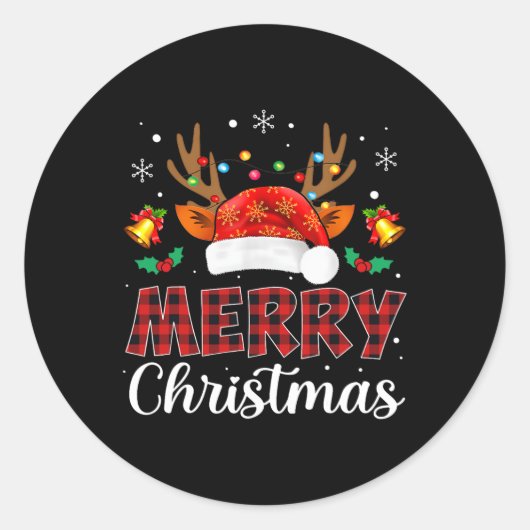 Vrolijke Kerstmis Rode Kerstman Hoed Rendier Xmas  Ronde Sticker (Voorkant)