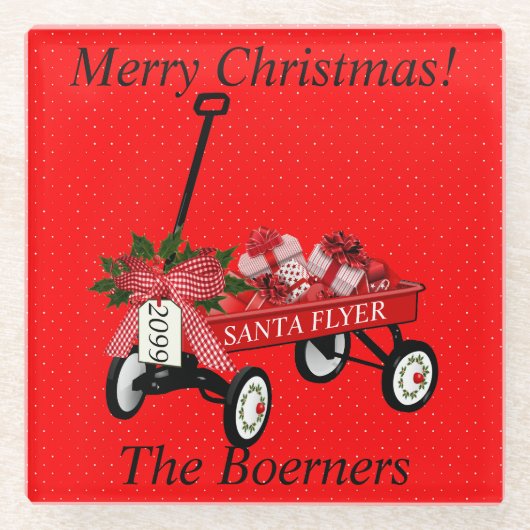 Vrolijke Kerstmis Rode Wagon met Geschenken Glazen Onderzetter (Voorkant)