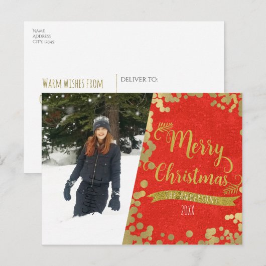 Vrolijke Kerstmis Rood & Goud Moderne Fotovakantie Feestdagenkaart (Voorkant / Achterkant)