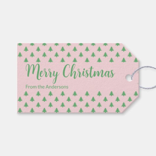 Vrolijke Kerstmis Roze en Groene Kerstbomen Cadeaulabel (Voorkant (Horizontaal))