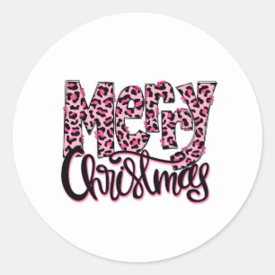 Vrolijke Kerstmis Roze Leopard Typografie Ronde Sticker