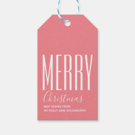 Vrolijke Kerstmis Roze Wit Typografie Cadeaulabel