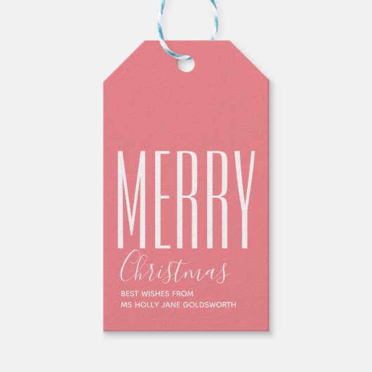 Vrolijke Kerstmis Roze Wit Typografie Cadeaulabel (Voorkant)