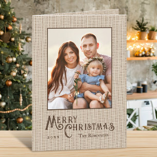 Vrolijke Kerstmis Rustieke Burlap Print Familiefot Feestdagen Kaart