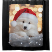 Vrolijke Kerstmis Samoyed Puppy Hond met Santa Hat Douchegordijn (Voorkant)