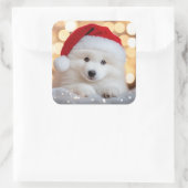 Vrolijke Kerstmis Samoyed Puppy Hond met Santa Hat Vierkante Sticker (Tas)