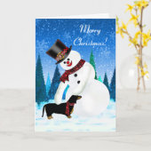 Vrolijke Kerstmis Sneeuwman en Dachshund Kaart (Gele Bloem)