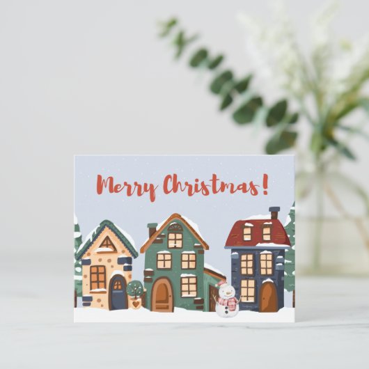 Vrolijke Kerstmis Sneeuwman en Huizen Briefkaart (Staand voorkant)