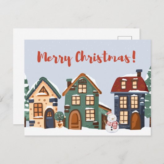 Vrolijke Kerstmis Sneeuwman en Huizen Briefkaart (Voorkant / Achterkant)