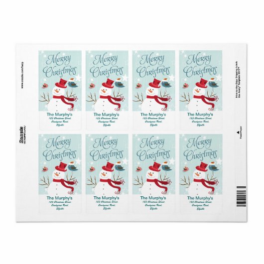 Vrolijke Kerstmis Sneeuwman en vogels Kerstlabels Etiket (Full Sheet)