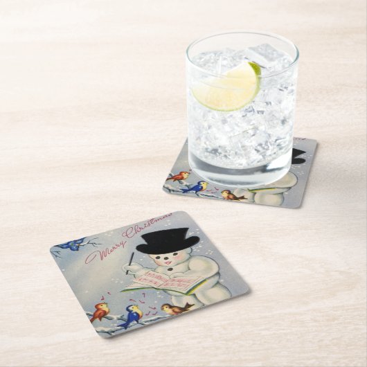 Vrolijke Kerstmis Sneeuwman met Vogels Kartonnen Onderzetters (Insitu)