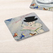 Vrolijke Kerstmis Sneeuwman met Vogels Kartonnen Onderzetters (Schuin)