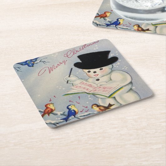 Vrolijke Kerstmis Sneeuwman met Vogels Kartonnen Onderzetters (Schuin)