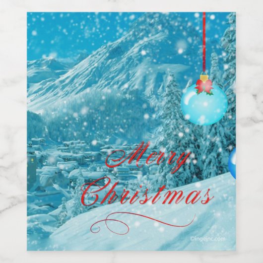 Vrolijke Kerstmis Sneeuwrijke Winter Village Vakan Wijn Etiket (Enkel label)