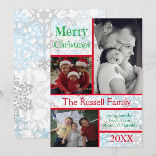 Vrolijke Kerstmis Snowflakes Collage 3 Foto's Feestdagenkaart (Voorkant / Achterkant)