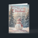 Vrolijke Kerstmis Snowman Bedrijfsnaam Feestdagen Kaart<br><div class="desc">Een mooie feestelijke kerstkaart voor de sneeuwman van het vakantieseizoen, bestaande uit een winterse sneeuwscène met een lachende sneeuwpop met een warm pet prettige feestdagen en een sjaal omringd door besneeuwde sparren Alle tekst kan worden aangepast - misschien verkiest u liever? of seizoensgroeten? Personaliseer vervolgens door uw bedrijfsnaam of familienaam...</div>