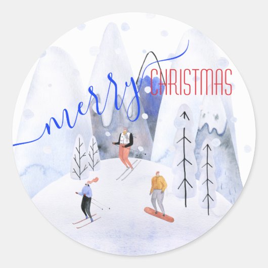 Vrolijke Kerstmis Snowy Mountain Scene Skiers Ronde Sticker (Voorkant)