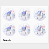 Vrolijke Kerstmis Snowy Mountain Scene Skiers Ronde Sticker (Vel)