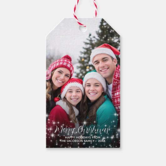 Vrolijke Kerstmis Sparkle Stars Foto Overlay Cadeaulabel (Voorkant)