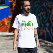 Vrolijke Kerstmis Typografie Antlers Rood en Groen T-shirt