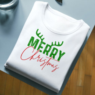 Vrolijke Kerstmis Typografie Antlers Rood en Groen T-shirt