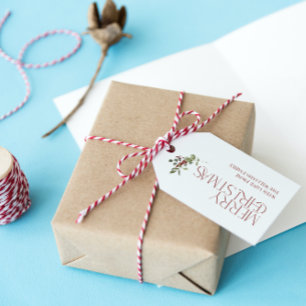 Vrolijke Kerstmis Typografie Botanisch Cadeaulabel