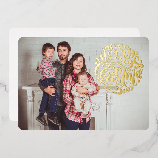 Vrolijke Kerstmis Typografie Fotokaart Folie Feestdagenkaart (Voorkant / Achterkant)
