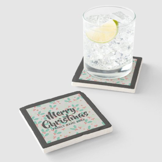 Vrolijke Kerstmis Typografie Kerst Holly Stenen Onderzetter (Zijkant)