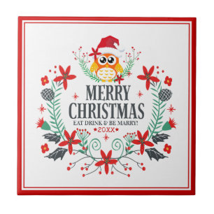 Vrolijke Kerstmis Typografie Kerst Uil Krans Tegeltje