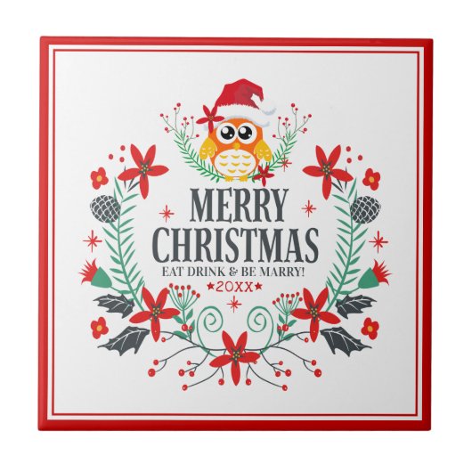 Vrolijke Kerstmis Typografie Kerst Uil Krans Tegeltje (Voorkant)