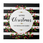 Vrolijke Kerstmis Typografie Red Berries Krans Tegeltje (Voorkant)