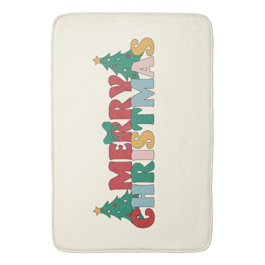 Vrolijke Kerstmis Typografie Versierde dennenboom Badmat (Voorkant Verticaal)