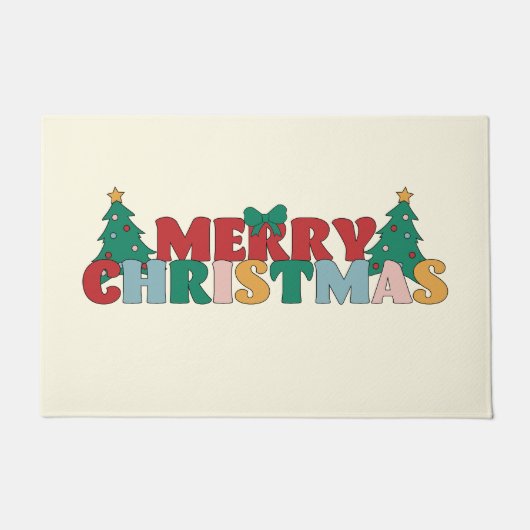 Vrolijke Kerstmis Typografie Versierde dennenboom Deurmat (Voorkant)