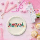 Vrolijke Kerstmis Typografie Versierde dennenboom Papieren Bordje (Feest)