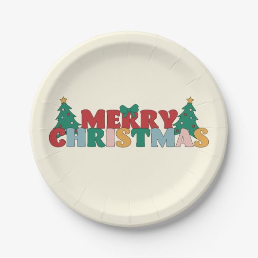 Vrolijke Kerstmis Typografie Versierde dennenboom Papieren Bordje (Voorkant)