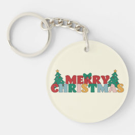 Vrolijke Kerstmis Typografie Versierde dennenboom Sleutelhanger