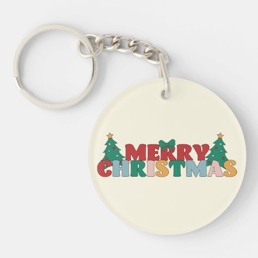 Vrolijke Kerstmis Typografie Versierde dennenboom Sleutelhanger (Voorkant)