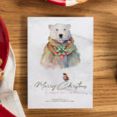 Vrolijke Kerstmis typografie, Wit Beer, Rode Robin Kaart