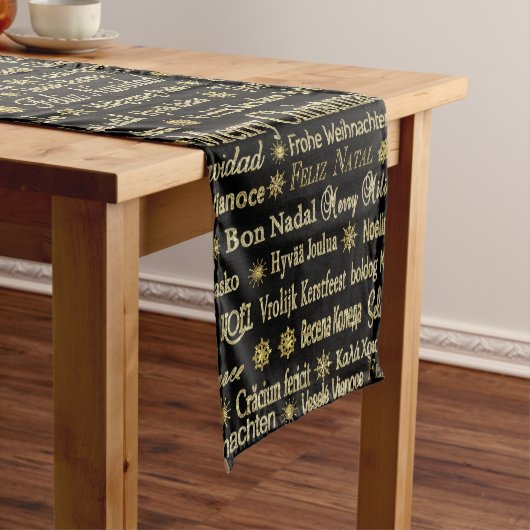 Vrolijke Kerstmis Typografie Zwart & Goud Glitter Medium Tafelloper (Voorbeeld)