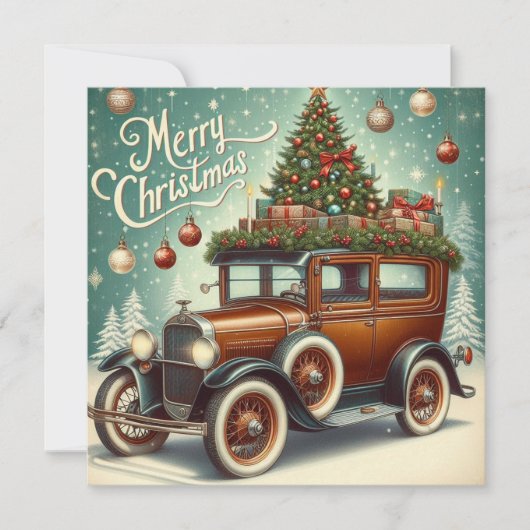Vrolijke Kerstmis vintage auto kerstboom Feestdagenkaart (Voorkant)