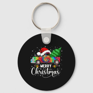 Vrolijke Kerstmis Vrachtwagen Boom Santa Hoed Lich Sleutelhanger