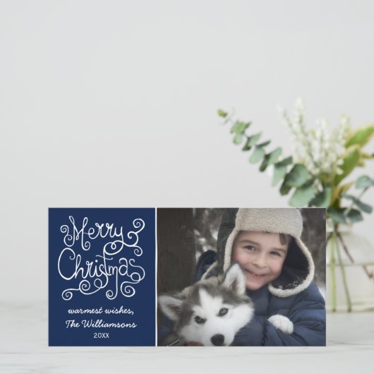 Vrolijke Kerstmis Whimsical Swirl Typografie Foto Feestdagenkaart (Staand voorkant)