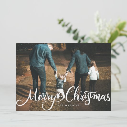 vrolijke kerstmis witte foto met hoofdletters feestdagenkaart (Staand voorkant)