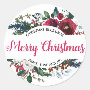 Vrolijke Kerstmis Zegeningen Rode Bloemen Ronde Sticker