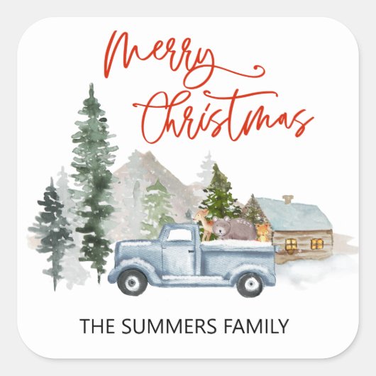 Vrolijke Kerstmisenvelop Seal Rustieke Vrachtwagen Vierkante Sticker (Voorkant)